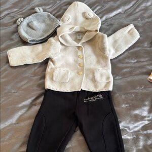 Cream Knit Baby Hoodie and Hat with Black Pants